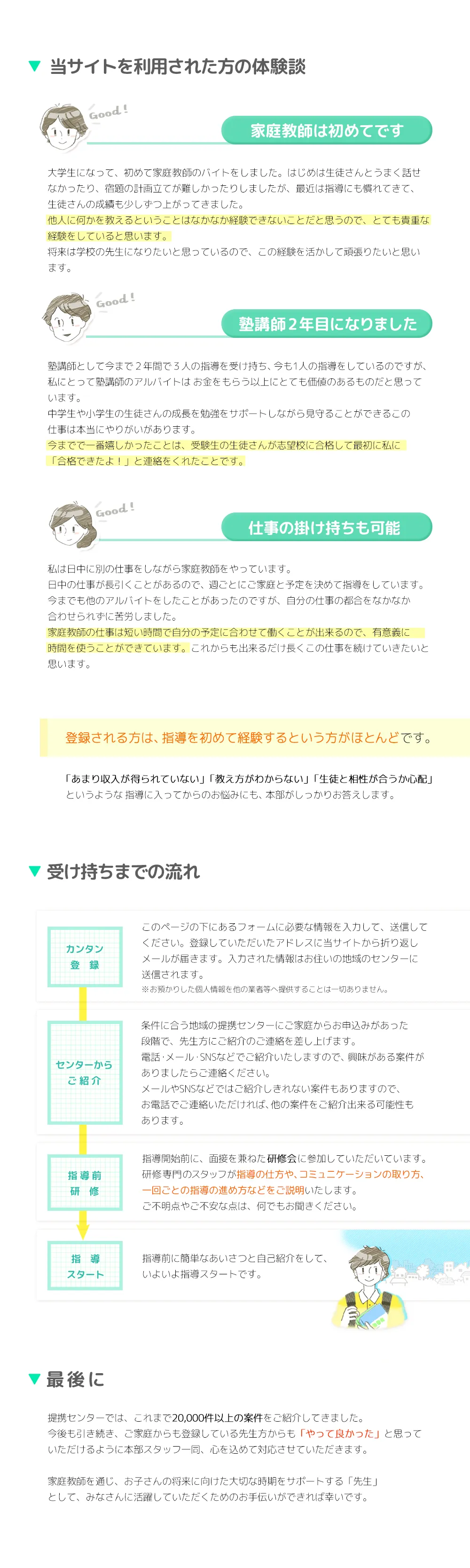 当サイトを利用された方の体験談・受け持ちまでの流れ
